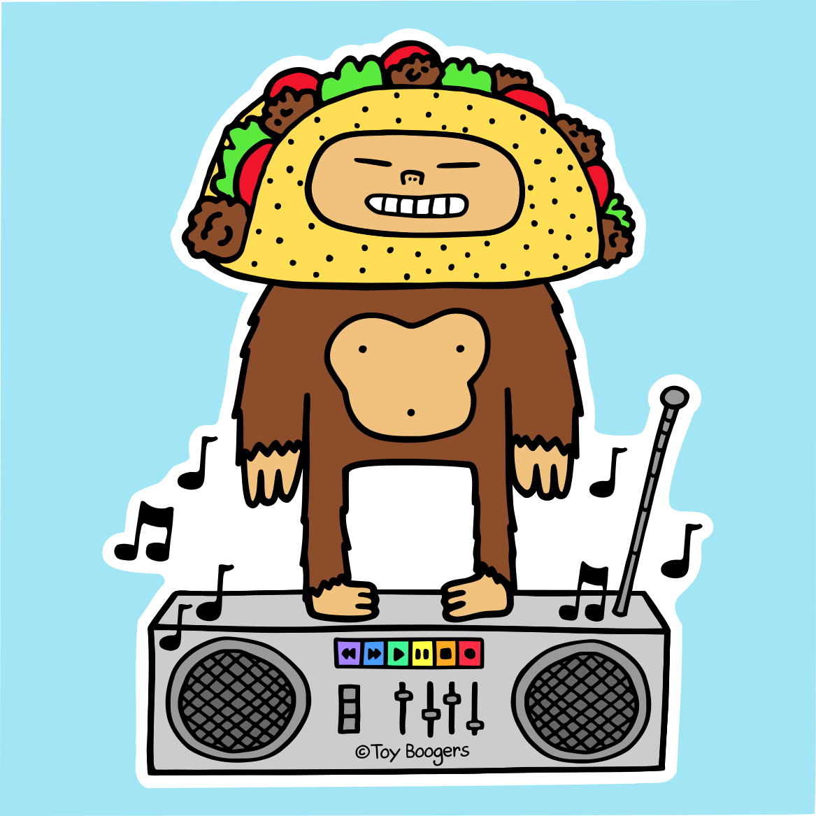 Funny sticker of a cartoon ape with a taco head standing on a boombox.