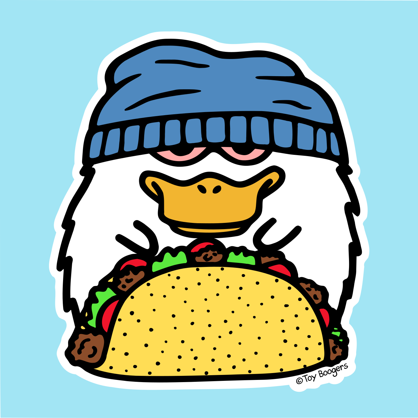 Funny sticker of a cartoon duck holding a taco and wearing a beanie.
