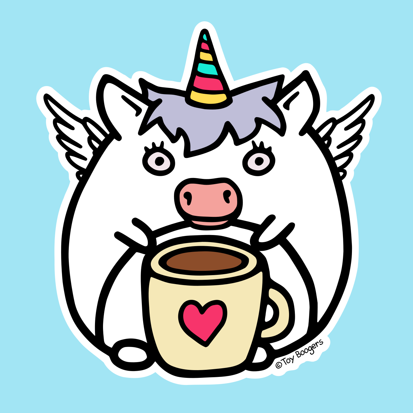 Cute sticker of a unicorn drinking a cup of coffee.