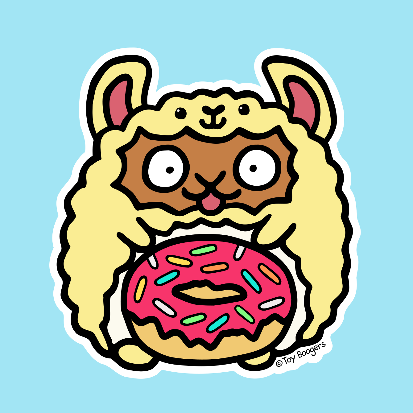 Cute sticker of a hamster in a llama costume going crazy for donuts.