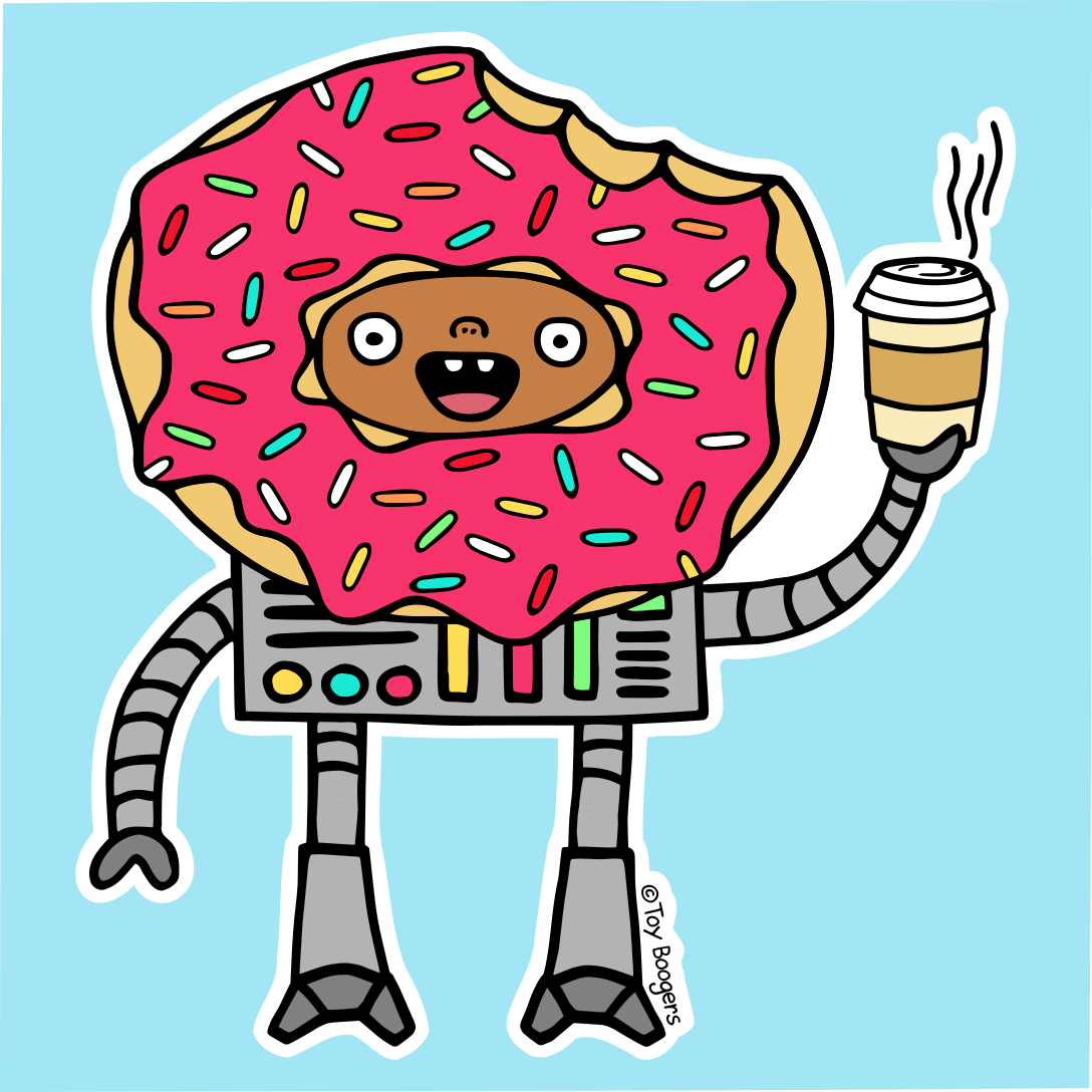 Funny sticker of a donut-headed robot holding a cup of coffee.