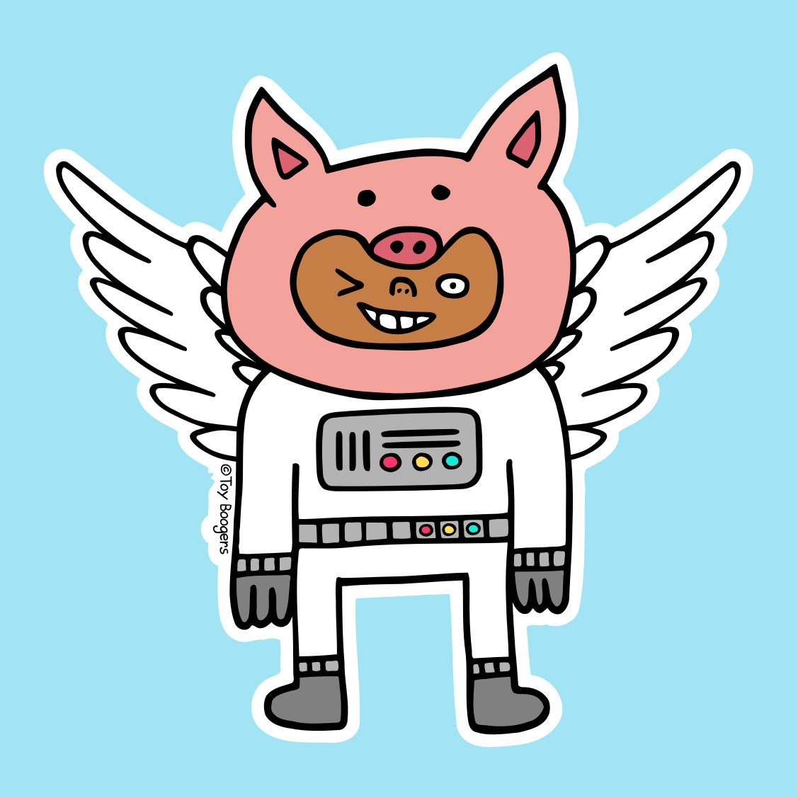 Sticker of a flying pig wearing a spacesuit.