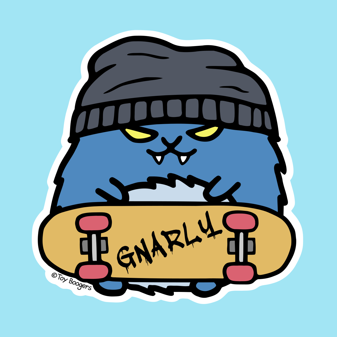 Cool sticker of a hamster with a skateboard and wearing a beanie. 