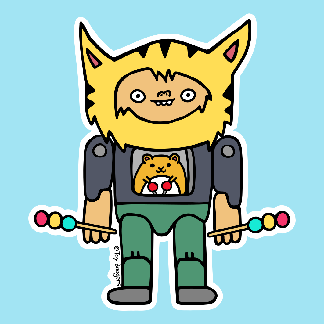 Funny sticker of a Hamster-Controlled Cat-Headed Action Figure cartoon.