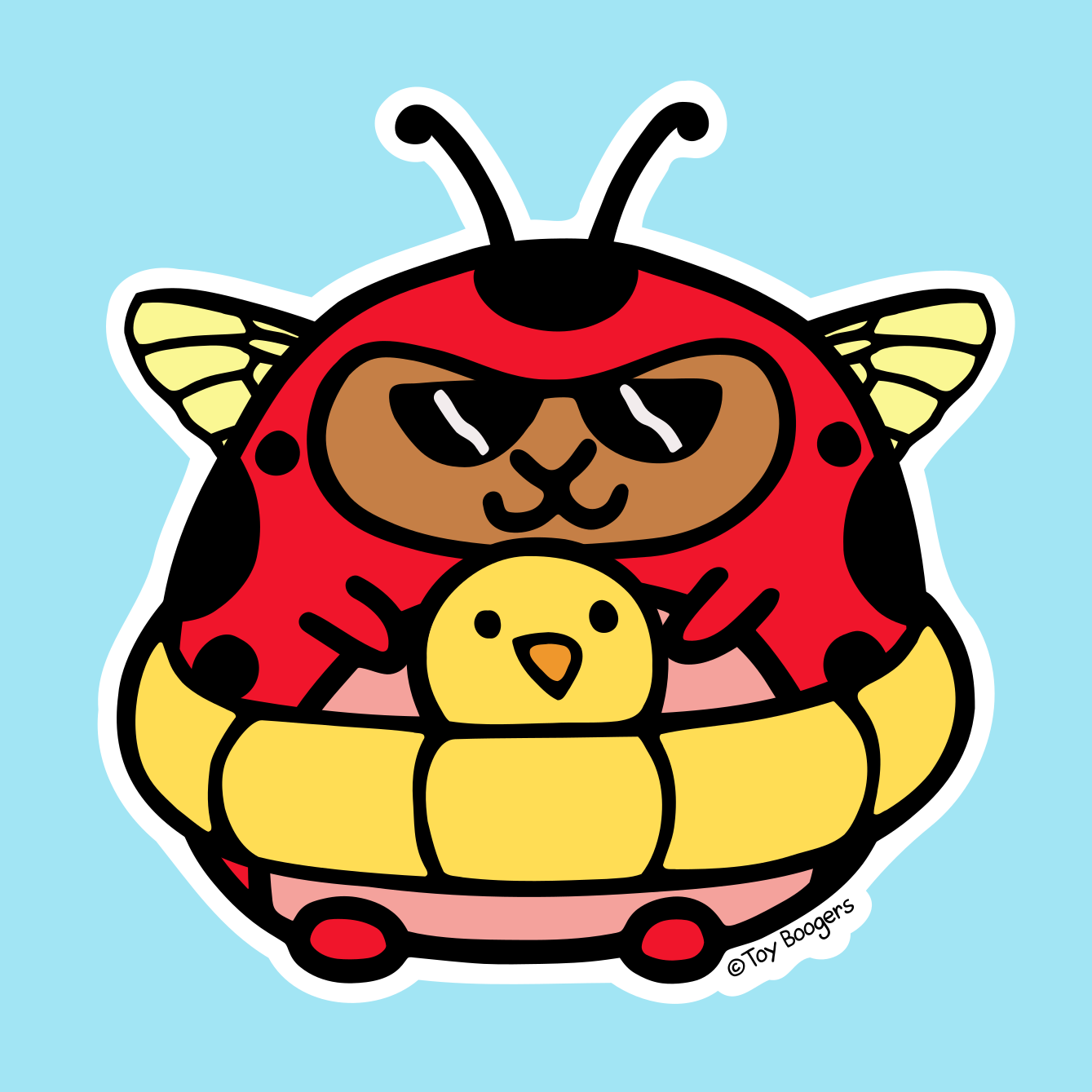 Cute sticker of a hamster in a ladybug costume inside a pool floatie and wearing sunglasses.