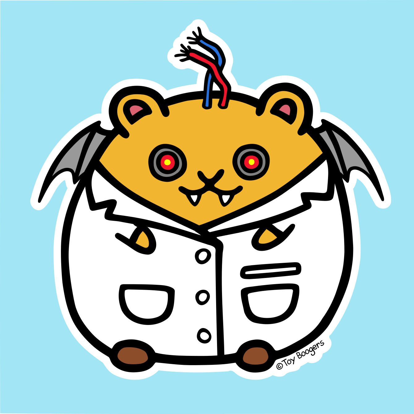 Funny and wacky sticker of a cyborg vampire hamster wearing a lab coat with wires sticking out of his head and wings on his back.