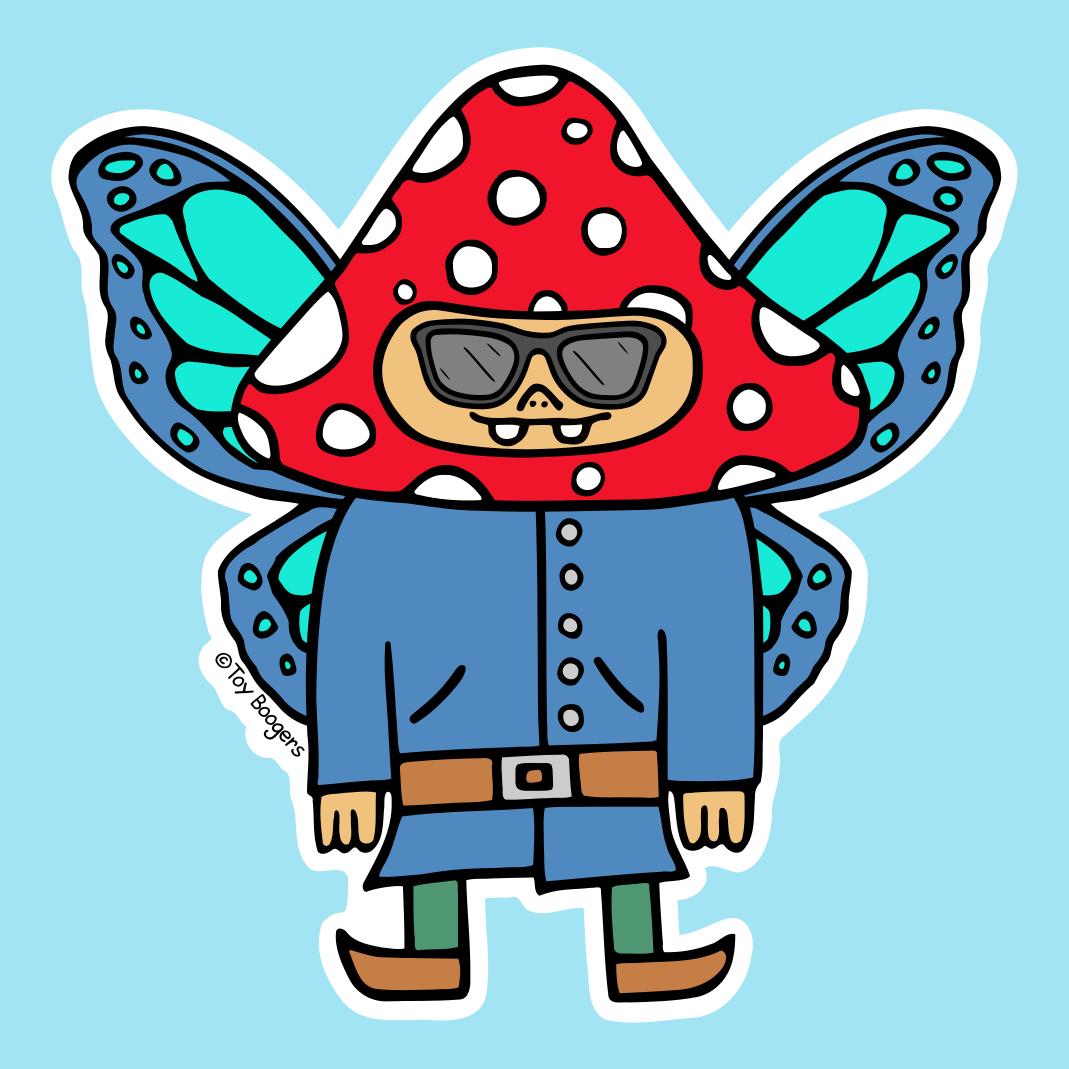 Funny sticker of a mushroom-Headed Gnome with butterfly wings and sunglasses.