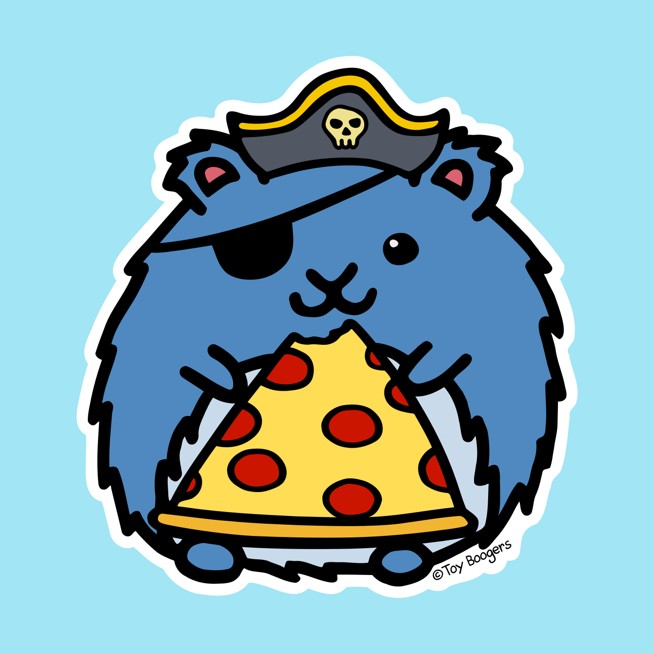 Cute sticker of a hamster in a pirate hat holding a slice of pizza.