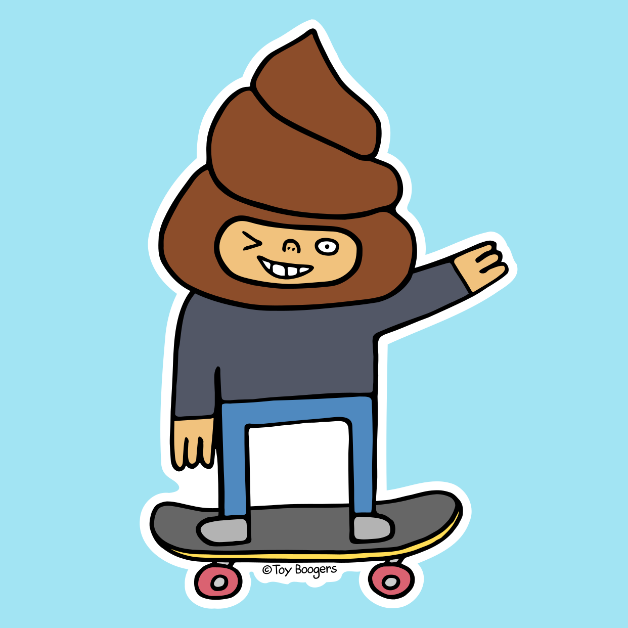 Sticker of a cartoon skateboarder with a poop-head.