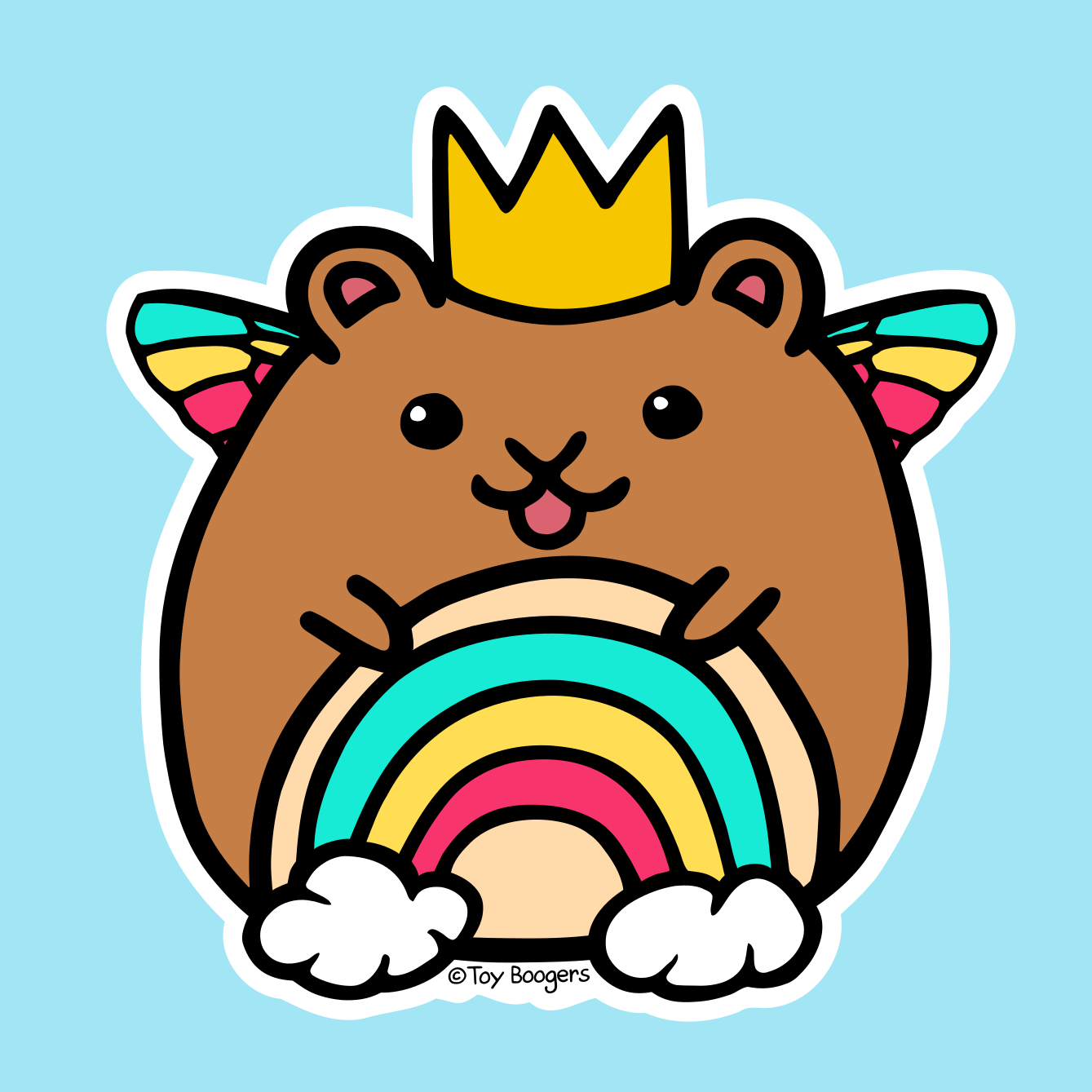 Cute sticker of a hamster with a crown holding a rainbow.