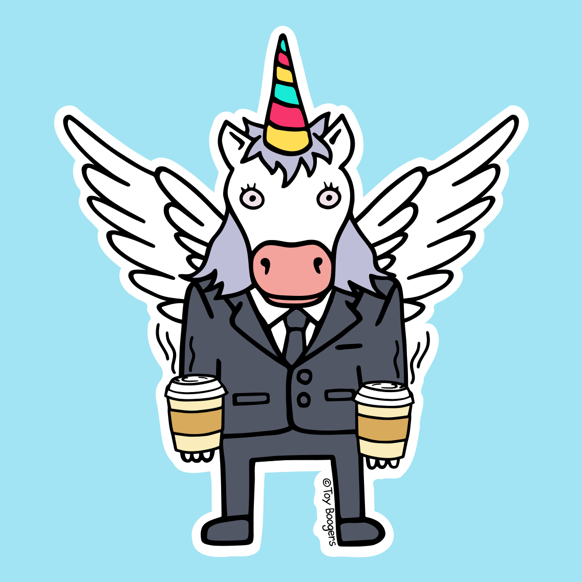Funny sticker of a unicorn weaing a business suit holding two cups of coffee.