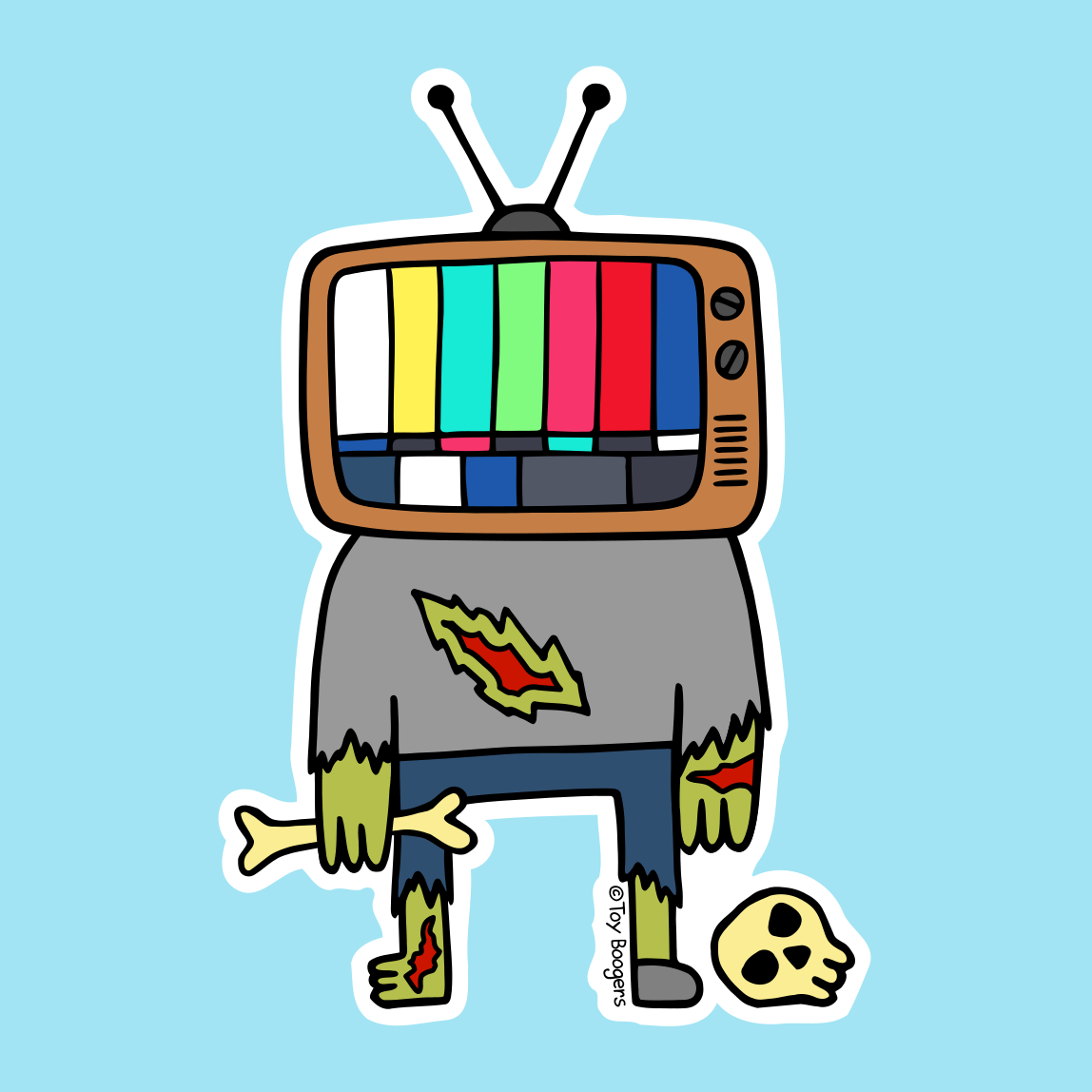 Funny sticker of zombie character with a TV head, holding bones and standing next to a skull.