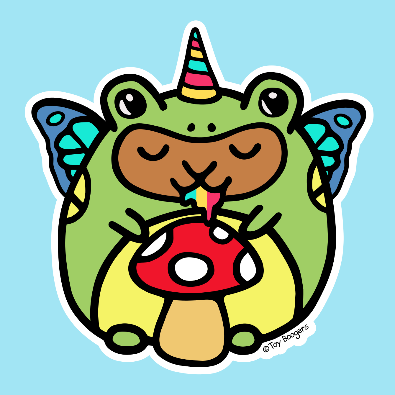 Whimsical sticker of a hamster wearing a frog costume with butterfly wings and a unicorn horn holding a mushroom.