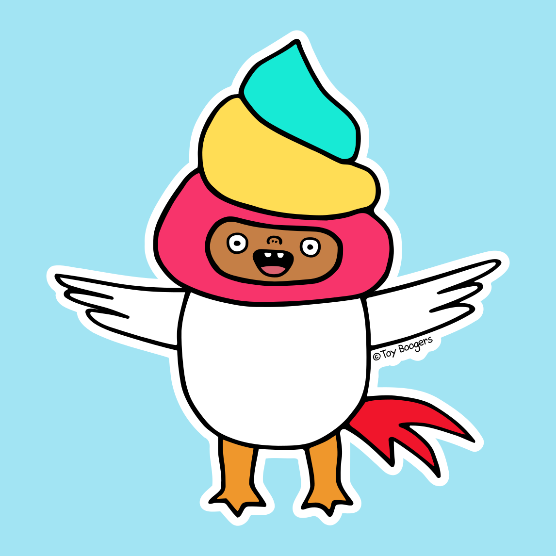 Funny sticker of a cartoon chicken with a unicorn-poop head.