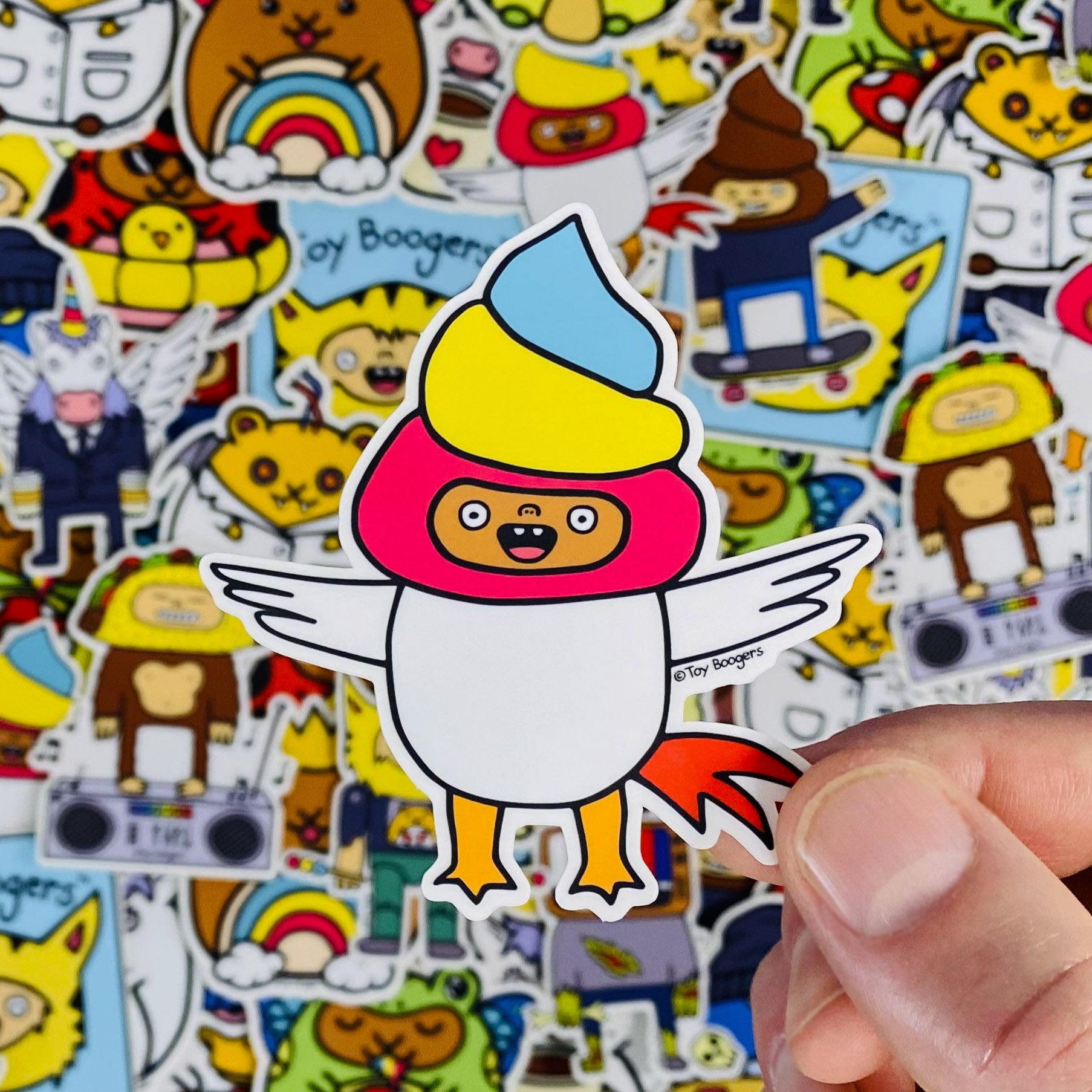 Funny sticker of a cartoon chicken with a unicorn-poop head.
